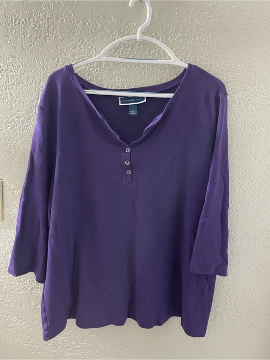 Karen Scott Tops - Karen Scott Women’s Deep Purple Three-Button Henley Casual Long Sleeve Top 3X